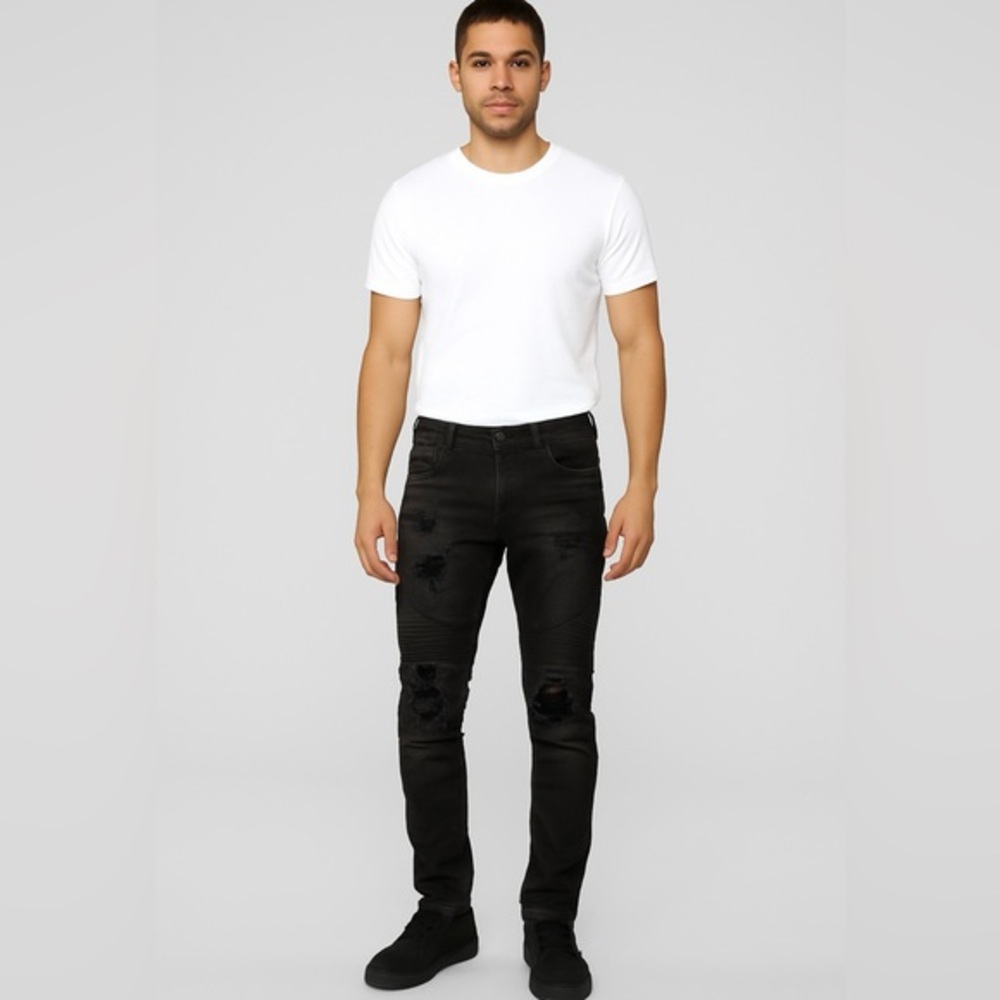 Rockstar Jeans Men’s Size 30 Black Moto Denim Distressed Ribbed Knees Slim Taper